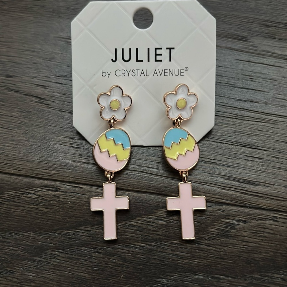 Juliet floral post drop, painted colorful Easter eggs with pink cross earrings